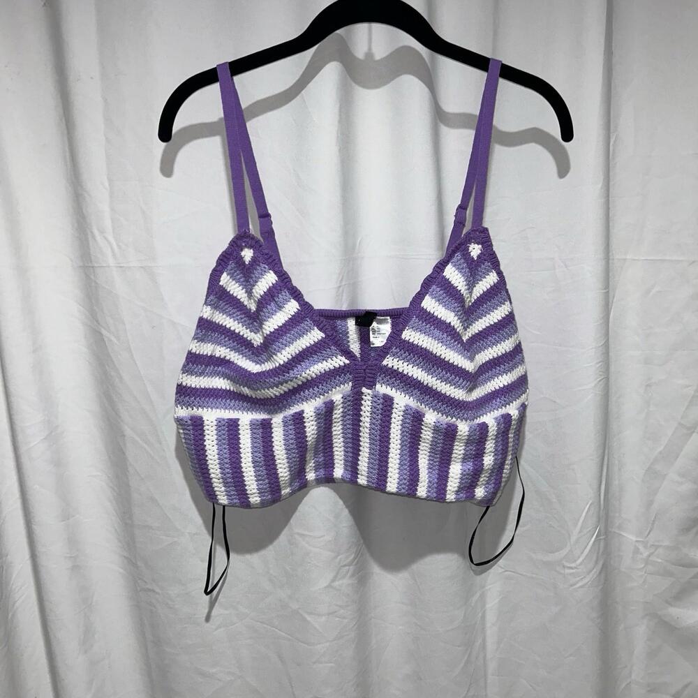 H&M Crop Top Striped Crochet Tank Top Boho Triangle V Neck Long Lined Bra Top XL